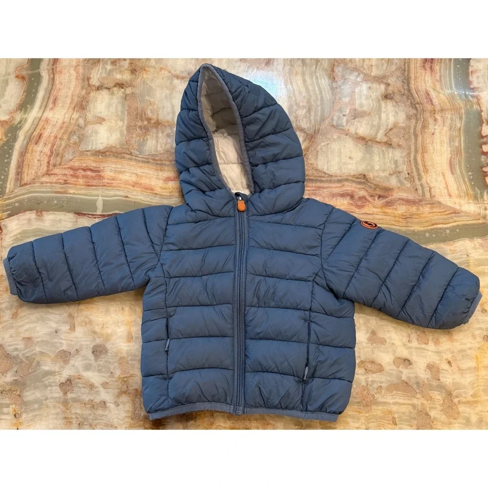 Save‎ The Duck Kids Ultra Light Puffer Jacket Blue Full-Zip Hooded Logo Size 6-9